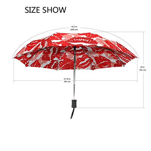 Ahomy Paraguas Plegable de Viaje, Resistente al Viento, Impresiones Rojas de pintalabios para el día de San Valentín, Paraguas, Cierre automático, Mango Antideslizante y Funda Protectora.