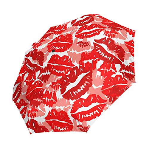 Ahomy Paraguas Plegable de Viaje, Resistente al Viento, Impresiones Rojas de pintalabios para el día de San Valentín, Paraguas, Cierre automático, Mango Antideslizante y Funda Protectora.