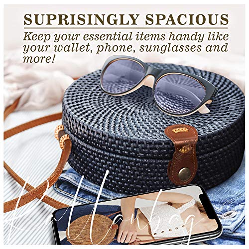 Ahtine Bolsa de mimbre redonda tejida a mano para mujer con correa de piel cruzada, Multi color (Negro), talla única