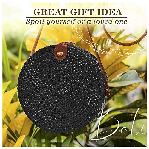 Ahtine Bolsa de mimbre redonda tejida a mano para mujer con correa de piel cruzada, Multi color (Negro), talla única