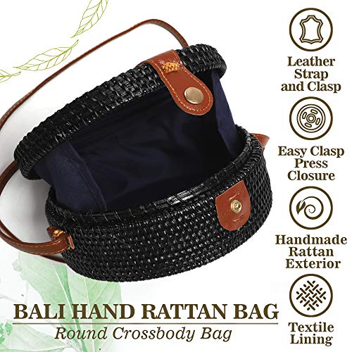 Ahtine Bolsa de mimbre redonda tejida a mano para mujer con correa de piel cruzada, Multi color (Negro), talla única