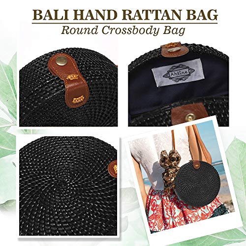 Ahtine Bolsa de mimbre redonda tejida a mano para mujer con correa de piel cruzada, Multi color (Negro), talla única