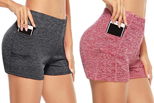 Aibrou 2 Piezas/Set Mujer Shorts Deportivos de Secado rápido Señoras Verano Pantalones Cortos para Gimnasio Entrenamiento Yoga Ropa Deportiva (1# Vino Rojo + Gris Oscuro XXL)