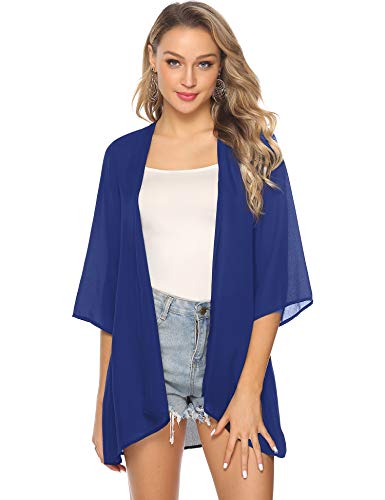 Aibrou Mujeres gasas Chal Flojo, Estampado Kimono Cardigan Top Cover Up Blusa Beachwear(Zafiro sólido L)