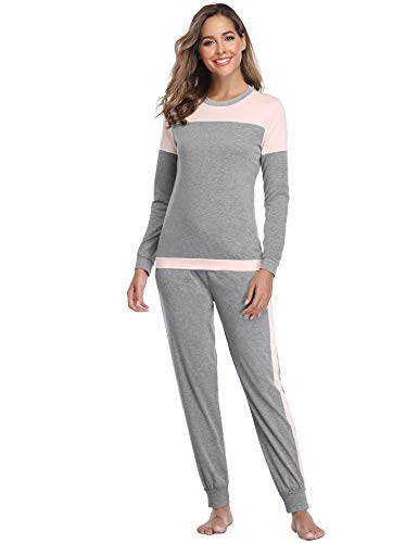 Aibrou Pijama Mujer Dos Piezas Algodón Camiseta y Pantalones Largos Casual Ropa de Casa Dormir Suave y Comodo para Otoño e Invierno S-XXL