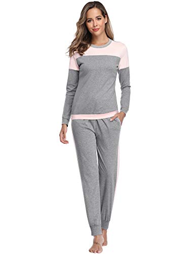 Aibrou Pijama Mujer Dos Piezas Algodón Camiseta y Pantalones Largos Casual Ropa de Casa Dormir Suave y Comodo para Otoño e Invierno S-XXL