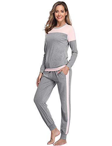 Aibrou Pijama Mujer Dos Piezas Algodón Camiseta y Pantalones Largos Casual Ropa de Casa Dormir Suave y Comodo para Otoño e Invierno S-XXL