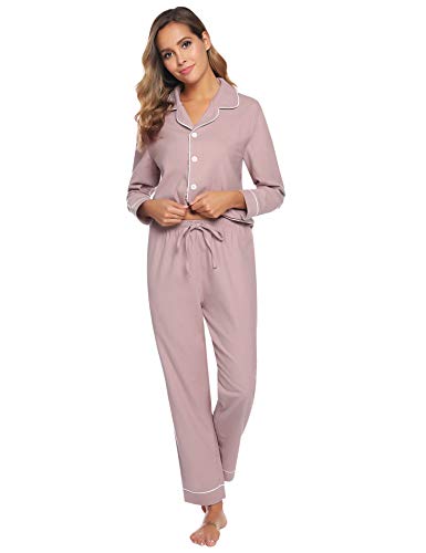 Aibrou Pijama Mujer Dos Piezas con Botón Algodón Camiseta y Pantalones Largos Casual Ropa de Casa Dormir Suave y Comodo para Otoño e Invierno S-XXL