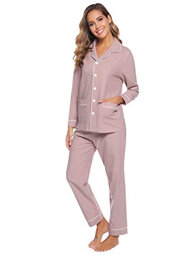Aibrou Pijama Mujer Dos Piezas con Botón Algodón Camiseta y Pantalones Largos Casual Ropa de Casa Dormir Suave y Comodo para Otoño e Invierno S-XXL