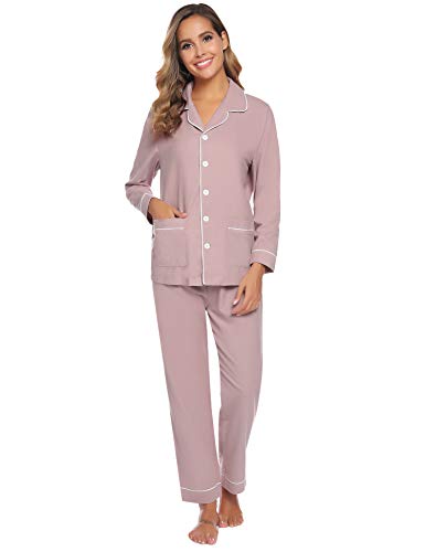 Aibrou Pijama Mujer Dos Piezas con Botón Algodón Camiseta y Pantalones Largos Casual Ropa de Casa Dormir Suave y Comodo para Otoño e Invierno S-XXL