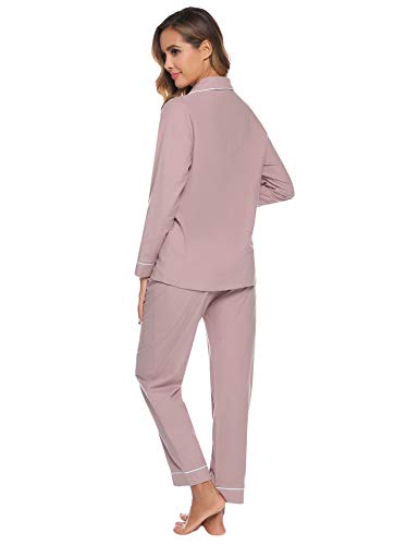 Aibrou Pijama Mujer Dos Piezas con Botón Algodón Camiseta y Pantalones Largos Casual Ropa de Casa Dormir Suave y Comodo para Otoño e Invierno S-XXL