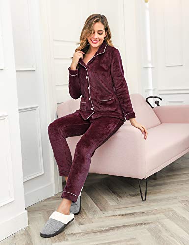 Aibrou Pijamas Mujer Invierno Polar Franela Conjunto de Pijama para Mujer Mangas Larga Pantalones Largo