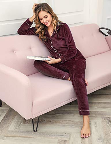 Aibrou Pijamas Mujer Invierno Polar Franela Conjunto de Pijama para Mujer Mangas Larga Pantalones Largo