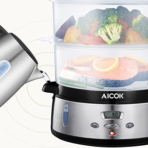 AICOK Vaporera eléctrica, Cocina Lenta de 9 litros con Pantalla LED de Temporizador 90 Minutos, 3 recipientes Independientes, Cuenco para Preparar arroz,800W, Acero INOX,Sin BPA,2 años de Garantia.