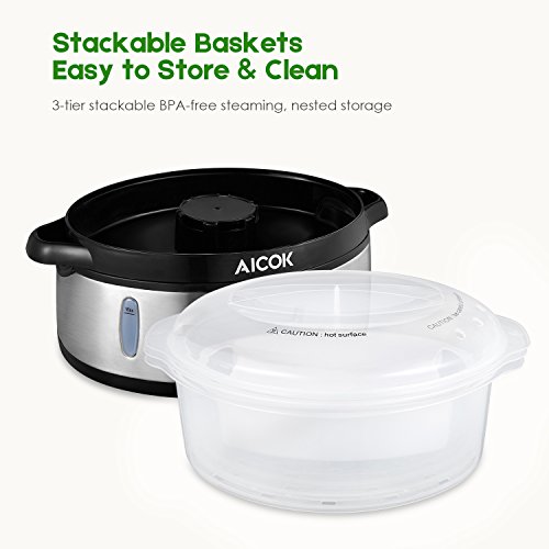 AICOK Vaporera eléctrica, Cocina Lenta de 9 litros con Pantalla LED de Temporizador 90 Minutos, 3 recipientes Independientes, Cuenco para Preparar arroz,800W, Acero INOX,Sin BPA,2 años de Garantia.