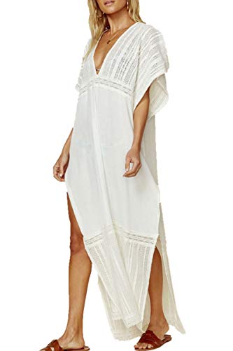 AiJump Traje de algodón bordado de la playa vestido largo maxi kimono Swim cubre sube Plus para Mujer Talla nica Blanco 10
