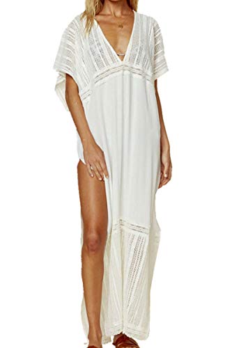 AiJump Traje de algodón bordado de la playa vestido largo maxi kimono Swim cubre sube Plus para Mujer Talla nica Blanco 10