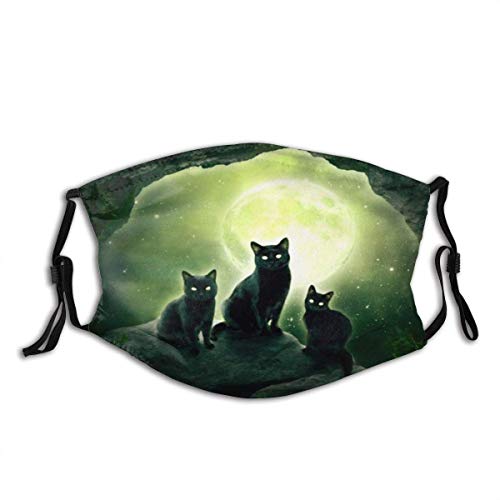 AIMILUX Three Black Cats Sitting On Stones In A Cave Starry Sky and The Full Moon Unisex Washable and Reusable Cotton Warm Face Protection For Outdoor