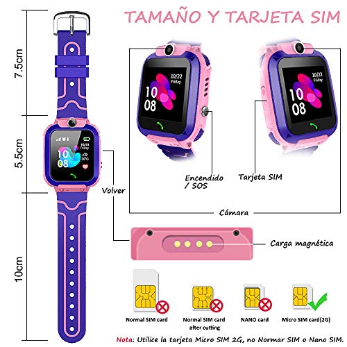 AIMIUVEI Smartwatch Niños, Reloj Inteligente Niña IP67, LBS, Llamada Bidireccional, SOS Modo de Clase, Cámara, Juegos, Regalo para Niño Niña de 3-12 años, Smartwatch soporta 2G Tarjeta Micro SIM