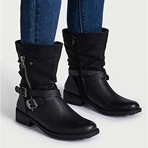 AIni Botas para Mujer Botas De TacóN De Invierno Medio Botas De Combate De Moto Cremallera Informal En El Tobillo De 3 Cm Botas Ante Negro Zapatos MarróN Azul Leopardo 35-43 EU