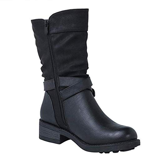 AIni Botas para Mujer Botas De TacóN De Invierno Medio Botas De Combate De Moto Cremallera Informal En El Tobillo De 3 Cm Botas Ante Negro Zapatos MarróN Azul Leopardo 35-43 EU