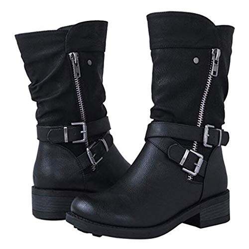 AIni Botas para Mujer Botas De TacóN De Invierno Medio Botas De Combate De Moto Cremallera Informal En El Tobillo De 3 Cm Botas Ante Negro Zapatos MarróN Azul Leopardo 35-43 EU