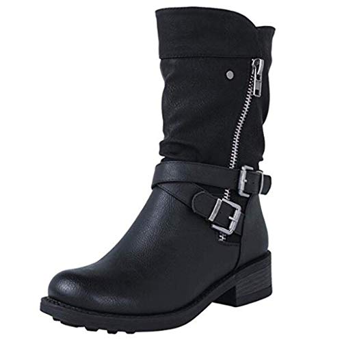 AIni Botas para Mujer Botas De TacóN De Invierno Medio Botas De Combate De Moto Cremallera Informal En El Tobillo De 3 Cm Botas Ante Negro Zapatos MarróN Azul Leopardo 35-43 EU