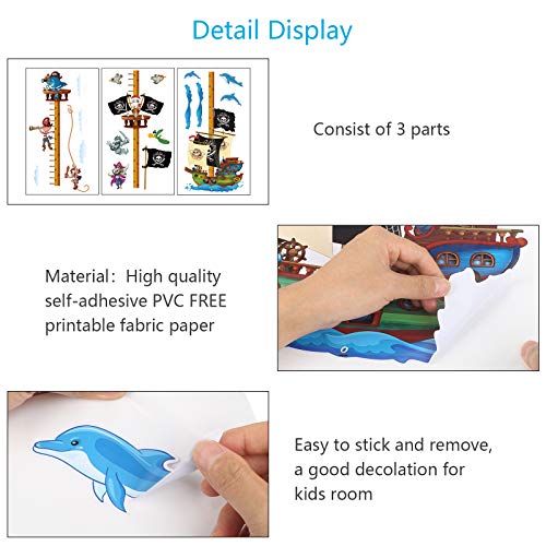 AirSMall Gráficos de Crecimiento Niños Etiqueta Engomada Personalizada de Tabla de Crecimiento de Piratas, Pegatinas de Pared de Medición Pirata Decoración Colorida de Pared para Medidas de Altura