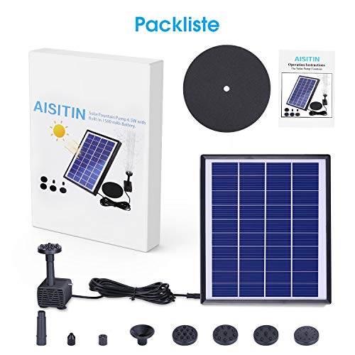 AISITIN Solar Fuente Bomba 6.5W Fuente de Jardín Solar Batería Incorporada Caudal 500L/H con 6 Boquillas y Tabla Flotante para Pequeño Estanque Baño de Aves Fish Tank y Decoración del Jardín
