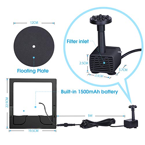 AISITIN Solar Fuente Bomba 6.5W Fuente de Jardín Solar Batería Incorporada Caudal 500L/H con 6 Boquillas y Tabla Flotante para Pequeño Estanque Baño de Aves Fish Tank y Decoración del Jardín