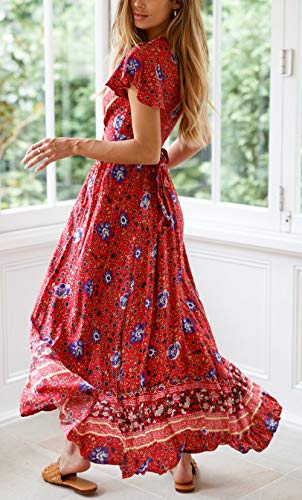 Ajpguot Vestido de Verano Mujer Impresión Maxi Vestidos de Playa Elegante Beachwear Largo Dress con Cinturón Sexy V-Cuello Manga Corta Hendidura Vestido de Partido (L, Rojo)