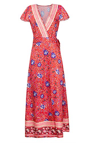 Ajpguot Vestido de Verano Mujer Impresión Maxi Vestidos de Playa Elegante Beachwear Largo Dress con Cinturón Sexy V-Cuello Manga Corta Hendidura Vestido de Partido (L, Rojo)