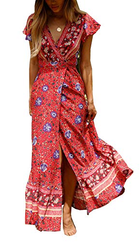 Ajpguot Vestido de Verano Mujer Impresión Maxi Vestidos de Playa Elegante Beachwear Largo Dress con Cinturón Sexy V-Cuello Manga Corta Hendidura Vestido de Partido (L, Rojo)