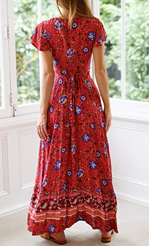 Ajpguot Vestido de Verano Mujer Impresión Maxi Vestidos de Playa Elegante Beachwear Largo Dress con Cinturón Sexy V-Cuello Manga Corta Hendidura Vestido de Partido (L, Rojo)