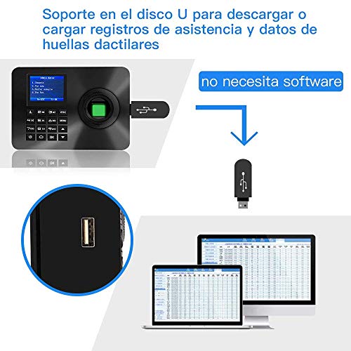 Aktivstar Maquina Asistencia Empleados de Fichar Huella Dactilar con Sistema Española, Pantalla LCD Memoria Flash de 8GB Relojes Relojes para Fichar con Capacidad de 3000 Huellas Dactilares