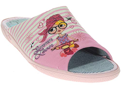 ALBEROLA-SEVILLAS A222337 Zapatilla Destalonada Chinela Chancla Descalza Punta Abierta de Casa Llana para Mujer - Chica con Gafas en Vespa Rosa Talla 37