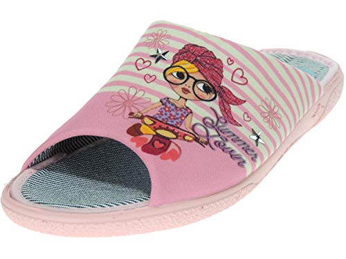 ALBEROLA-SEVILLAS A222337 Zapatilla Destalonada Chinela Chancla Descalza Punta Abierta de Casa Llana para Mujer - Chica con Gafas en Vespa Rosa Talla 37