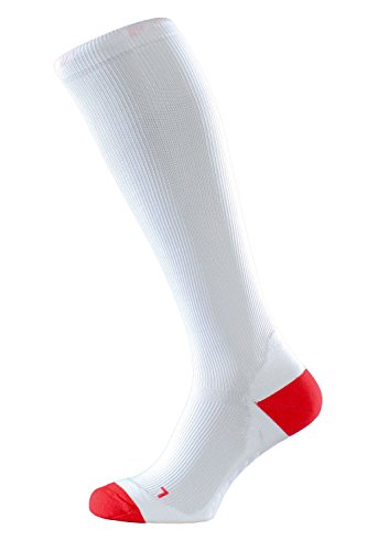 ALBERT KREUZ medias deportivas hasta la rodilla de compresión para running unisex – calcetines compresivos de entrenamiento para mujeres y hombres, color blanco con rojo 42-44
