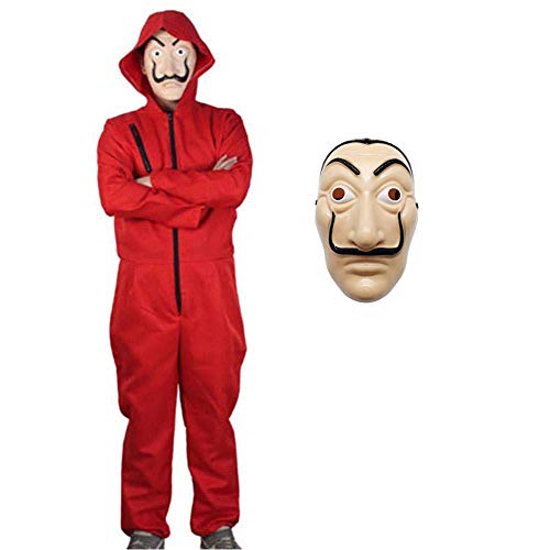 ALBRIGHT Unisexo Disfraz de Cosplay para Adulto + Máscara de Dali para La Casa De Papel,Mono Rojo Careta Disfraces de Ladrón Salvador Dalí para Carnaval Navidad Halloween M:170-175cm
