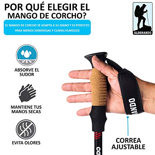 ALDORANDO Bastones de Senderismo telescopicos - Par Bastones Trekking Plegables Resistente y Ligero de Aluminio 7075- Mango De Corcho - Trail Running ultraligeros - para Caminar, Montaña