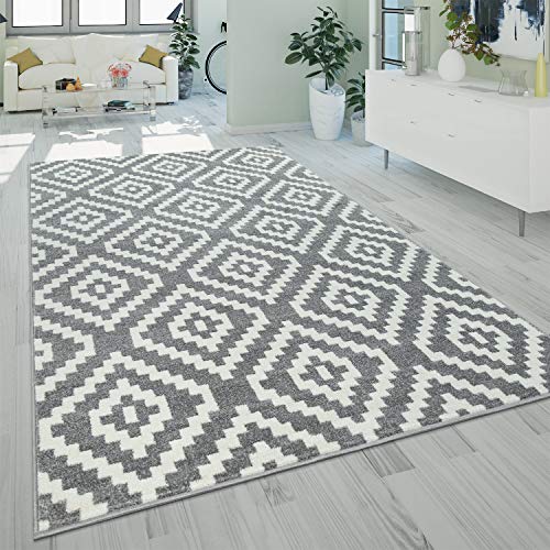 Alfombra De Salón Pelo Corto Moderna Motivo Geométrico Rombos Gris Blanco, tamaño:160x220 cm