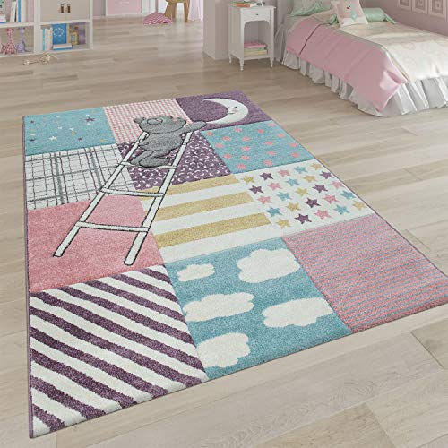 Alfombra Infantil Habitación Infantil 3D Adorable Patchwork Oso Luna Estrellas Escalera Rosa, tamaño:160x230 cm
