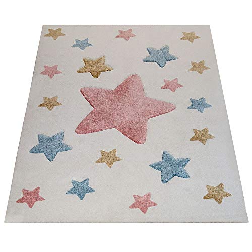 Alfombra Infantil Pelo Corto Colorida Pastel Diseño Estrellas Adorable En Crema, tamaño:80x150 cm