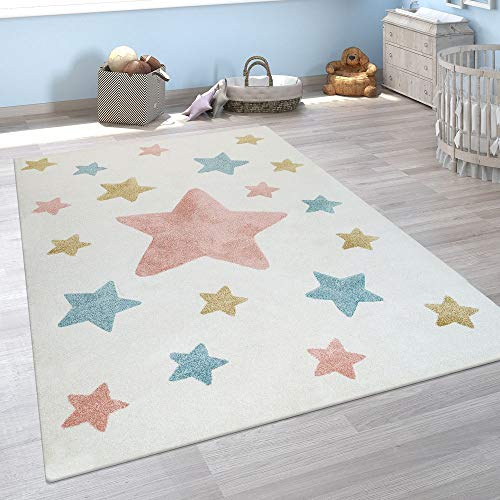 Alfombra Infantil Pelo Corto Colorida Pastel Diseño Estrellas Adorable En Crema, tamaño:80x150 cm