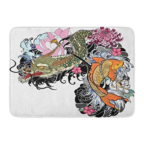Alfombras de baño Alfombras de baño Alfombra de puerta para exteriores / interiores Dragón y peces Koi Tatuaje para brazo Carpeta japonesa Dibujo de línea Libro para colorear Lucha contra el agua Salp