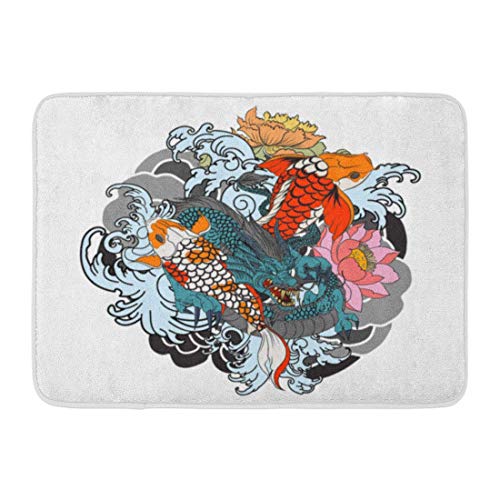 Alfombras de baño Alfombras de baño Alfombra de puerta para exteriores / interiores Dragón y peces Koi Tatuaje para brazo Carpeta japonesa Dibujo de línea Libro para colorear Lucha contra el agua Salp