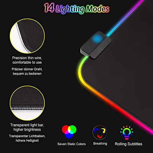 Alfombrilla de Ratón RGB, (800×300×4mm) 7 Colores con 14 Modos de Luz , Alfombrilla Gaming Extra Grande Base de Goma Antideslizante y Superficie Suave Resistente al Agua para Gamers, PC y Portátil