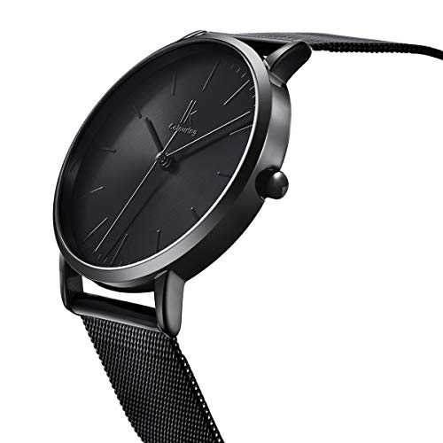 Alienwork Reloj Mujer Relojes Acero Inoxidable Banda de Malla Metálica Negro Analógicos Cuarzo Impermeable Ultra-Delgada