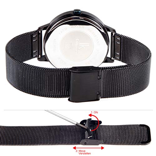 Alienwork Reloj Mujer Relojes Acero Inoxidable Banda de Malla Metálica Negro Analógicos Cuarzo Impermeable Ultra-Delgada