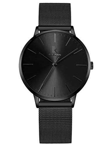 Alienwork Reloj Mujer Relojes Acero Inoxidable Banda de Malla Metálica Negro Analógicos Cuarzo Impermeable Ultra-Delgada